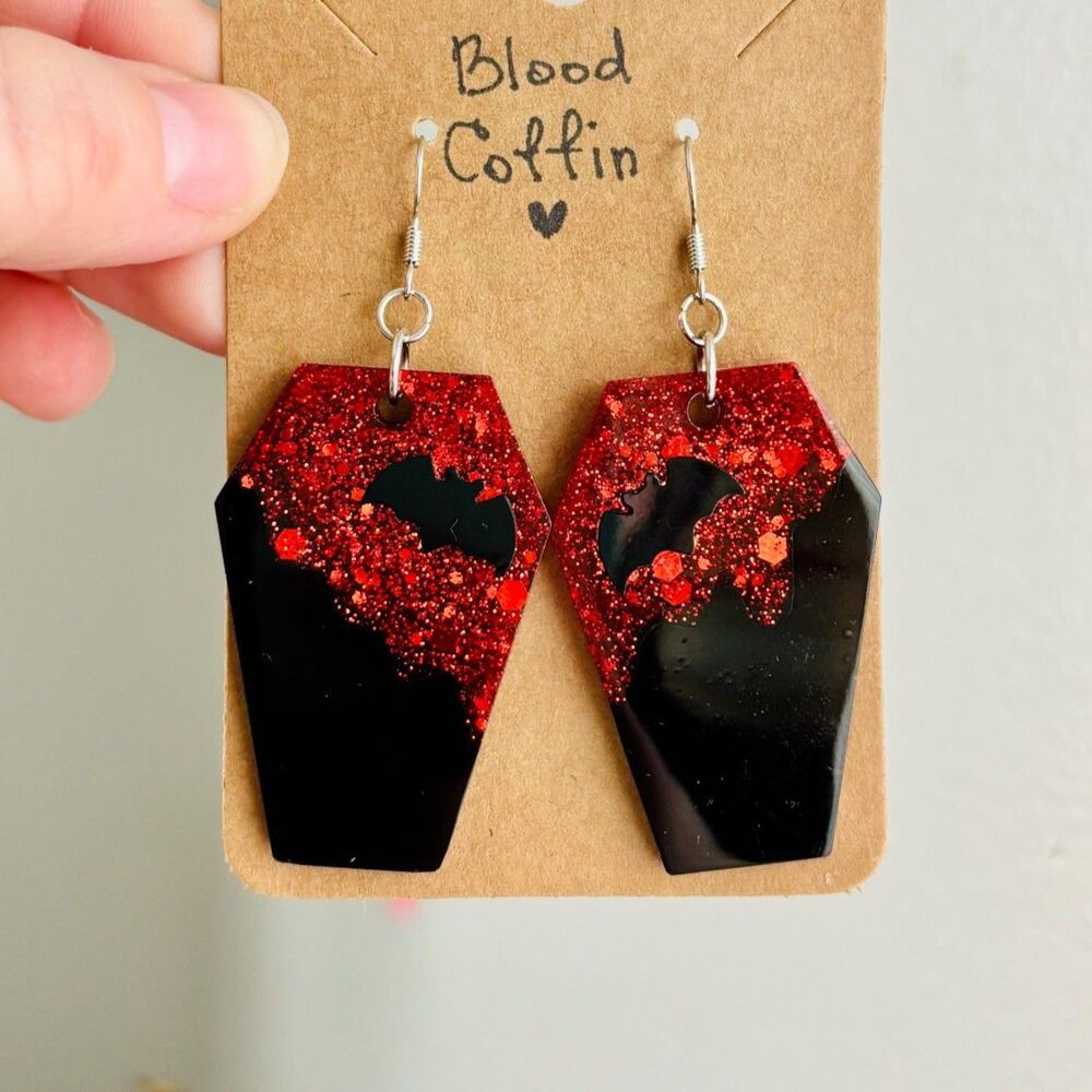 Coffin Bat Earrings, Blood Red Black Jewelry, Dark Romantic Gothic Halloween